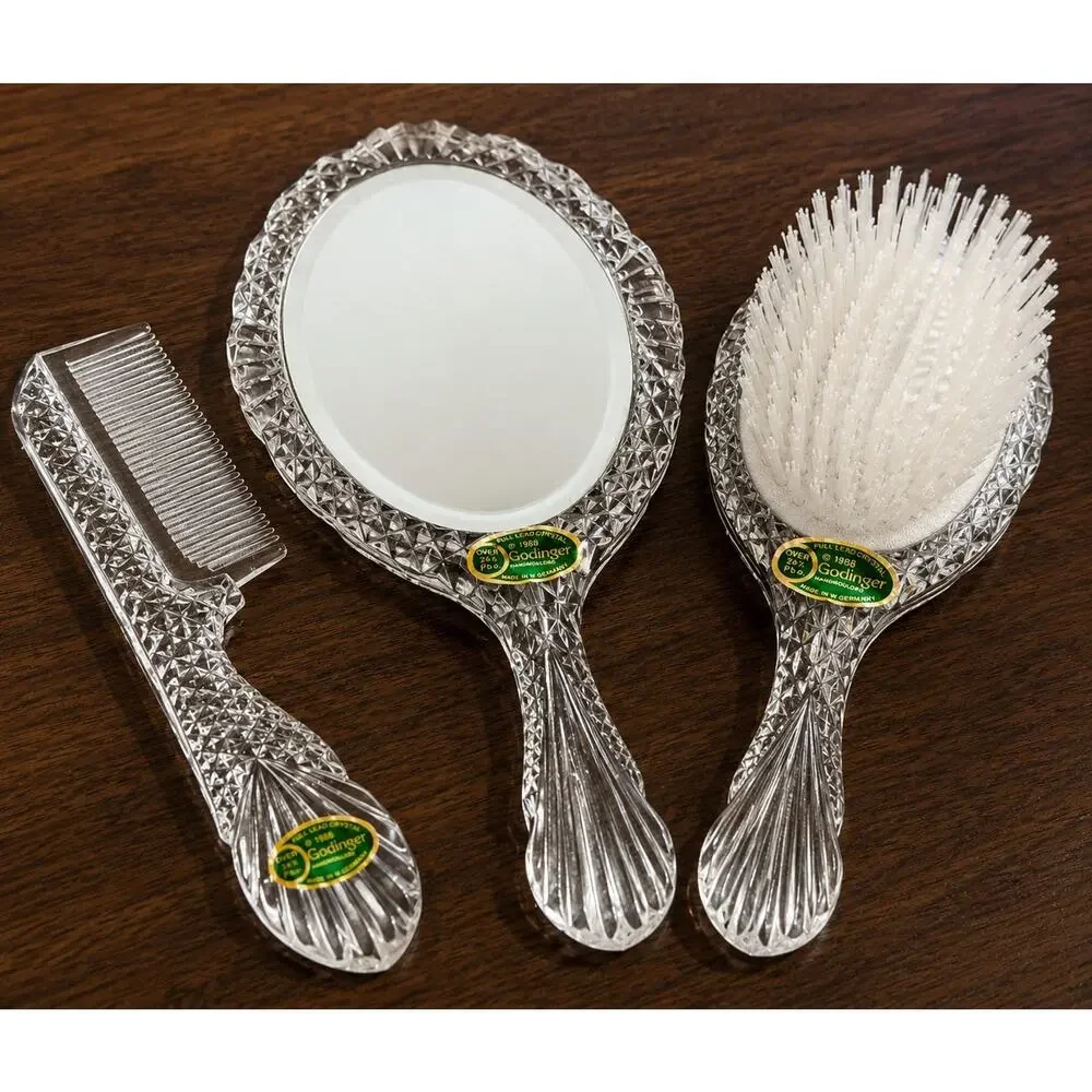 Vtg 3 Pc Godinger Crystal Victorian Style Dresser Vanity Set Mirror Brush Comb
